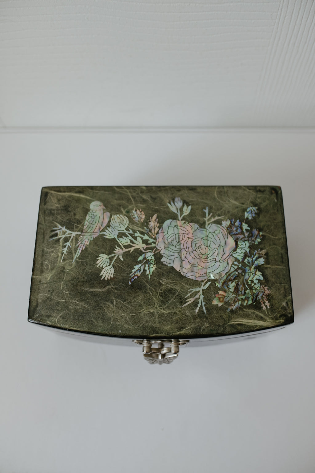 Vintage 墨綠珍珠母貝鑲嵌首飾盒