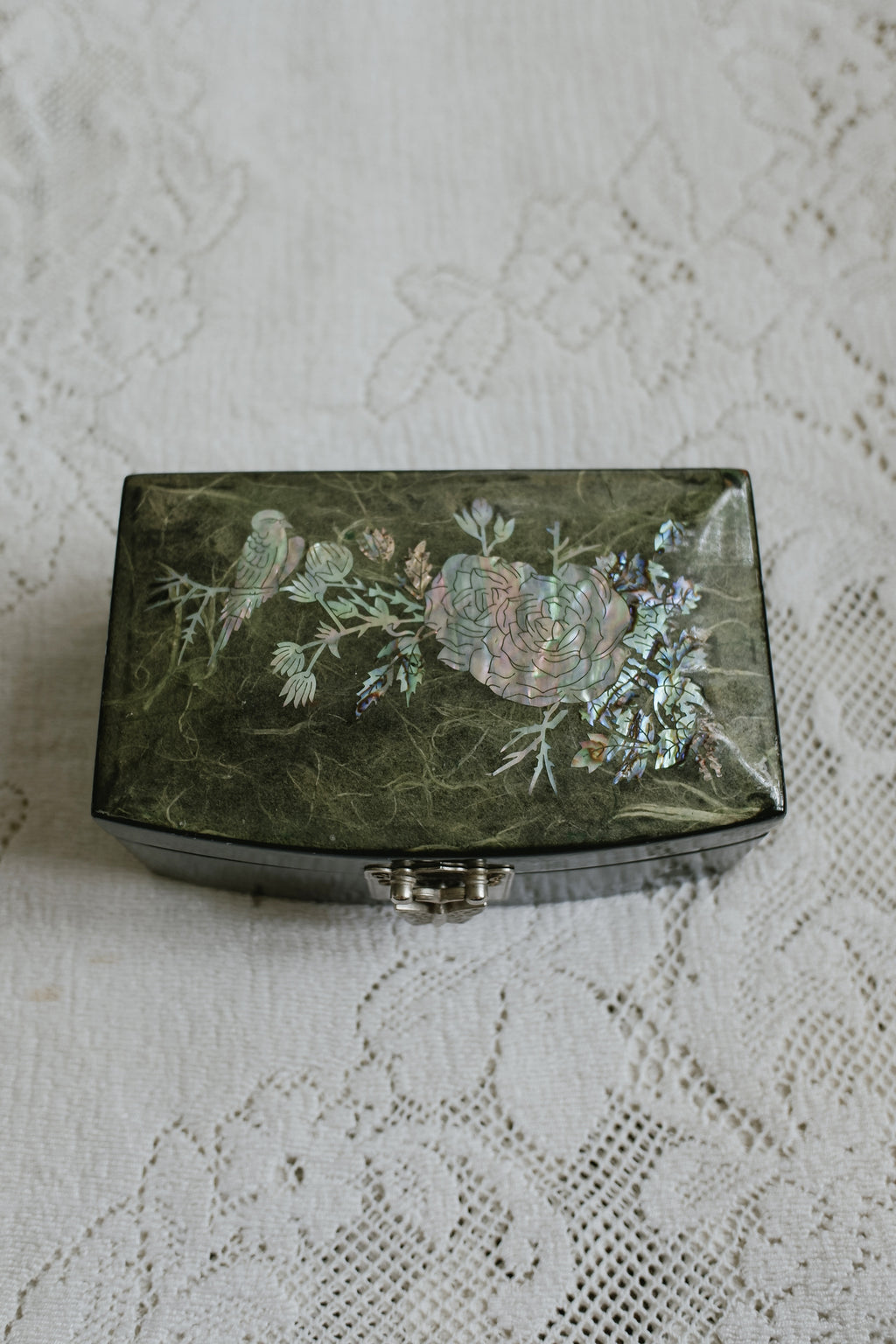 Vintage 墨綠珍珠母貝鑲嵌首飾盒