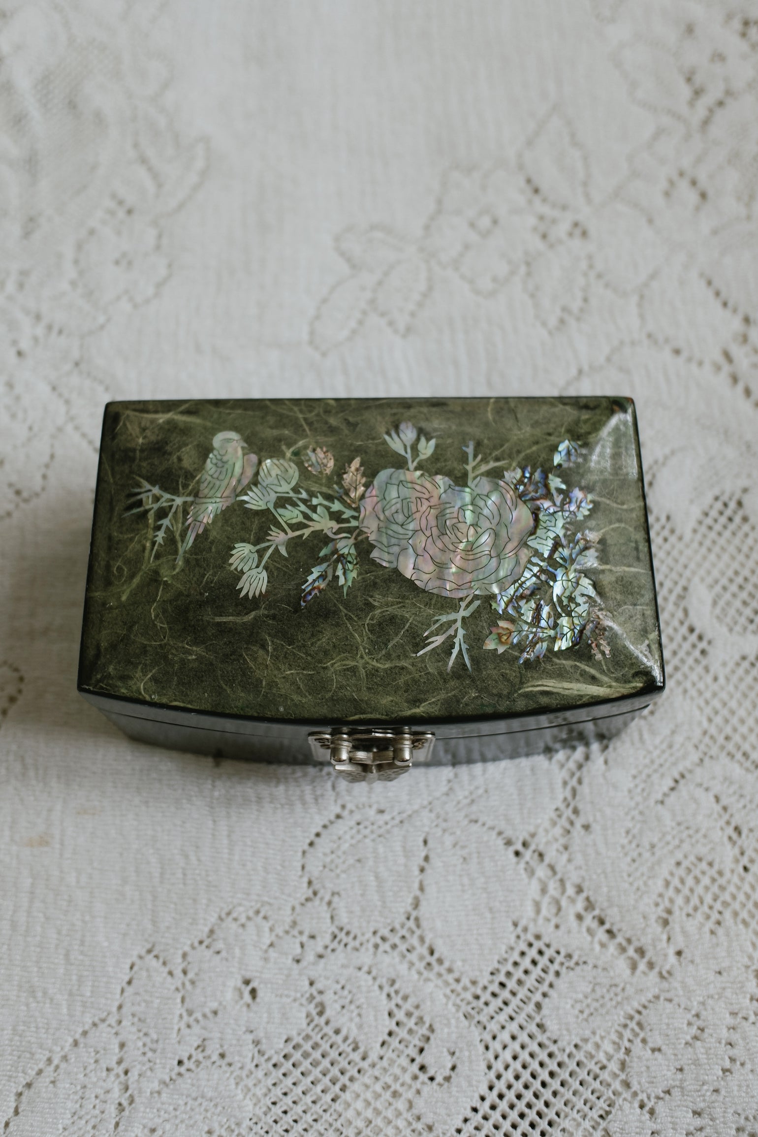 Vintage 墨綠珍珠母貝鑲嵌首飾盒