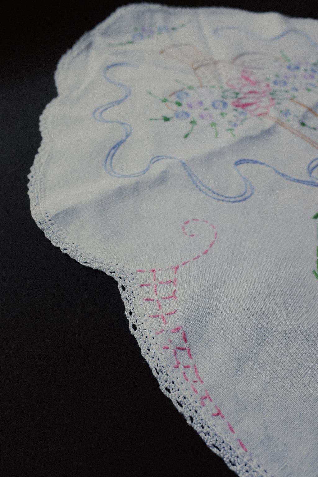 Vintage 花籃線繡桌巾