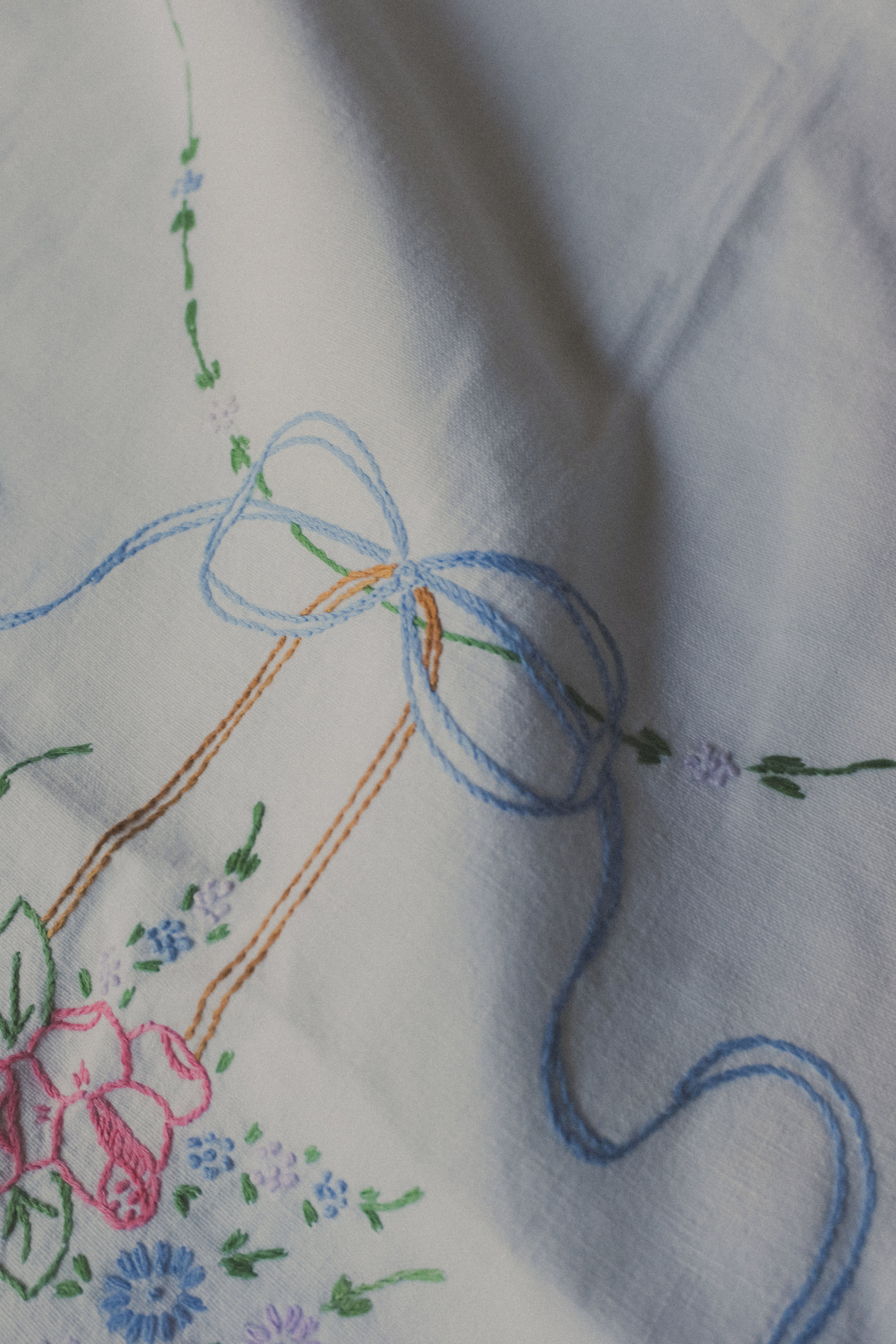 Vintage 花籃線繡桌巾